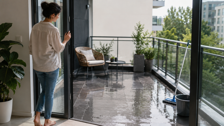 Personne attendant avant d’utiliser un balcon fraîchement nettoyé avec sol humide, mobilier extérieur, plantes et matériel de nettoyage