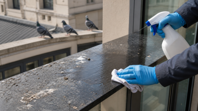 Nettoyage rapide des fientes de pigeon sur un balcon avec gants et produit désinfectant