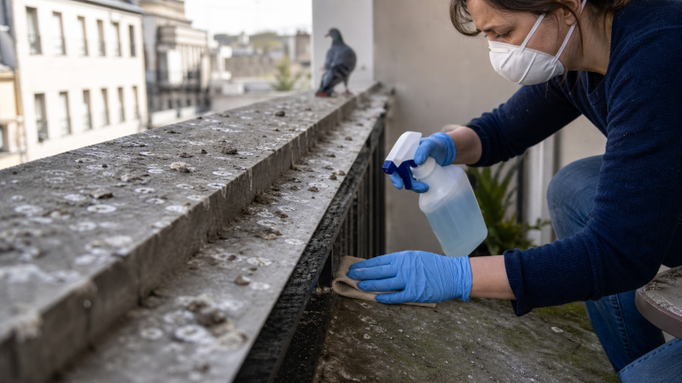 Personne portant des gants et un masque nettoyant des fientes de pigeon sur un balcon urbain pour limiter les risques sanitaires.