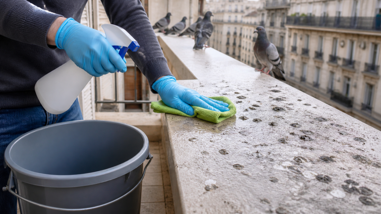 Personne nettoyant des fientes de pigeon sur un balcon avec un produit désinfectant et des gants de protection