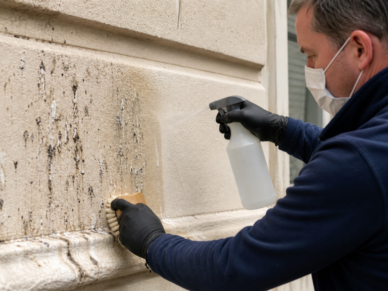 Nettoyage de fientes de pigeon sur une façade avec brosse, gants et pulvérisateur