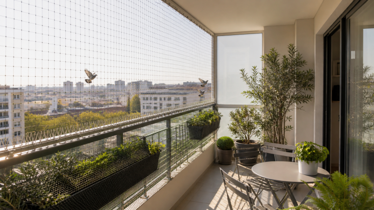 Balcon moderne protégé contre les pigeons avec un filet discret, des pics anti-pigeons sur la rambarde et des jardinières sécurisées