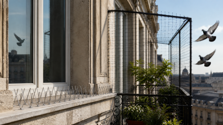 Balcon protégé contre les pigeons avec des pics anti-pigeons sur le rebord de fenêtre et un filet de protection discret