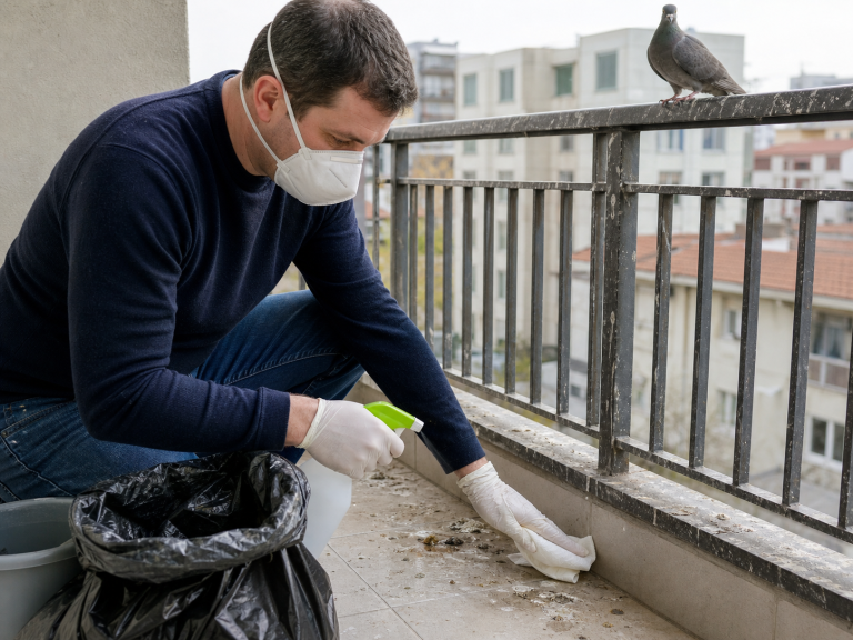 Homme portant un masque de protection et des gants pour nettoyer des fientes de pigeon sur un balcon