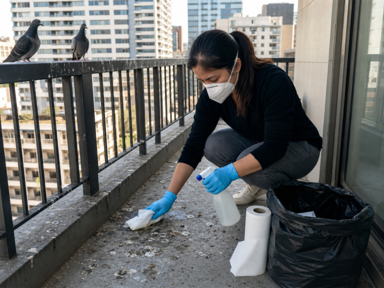 Personne portant un masque et des gants nettoyant des fientes de pigeon sur un balcon en ville