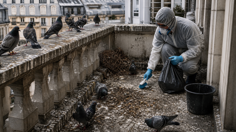 Nettoyage d’un balcon souillé par des fientes de pigeons avec équipement de protection sanitaire
