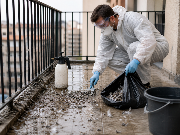 Nettoyage d’une grande quantité de fientes de pigeon sur un balcon avec équipement de protection