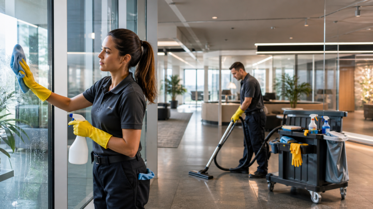 Entreprise de nettoyage professionnelle intervenant dans des bureaux modernes pour nettoyer les vitres, les sols et les espaces de travail.