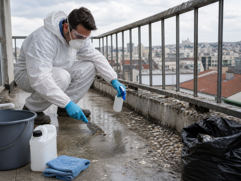 Technicien équipé d’une combinaison, de gants et d’un masque nettoyant des fientes de pigeon sur un balcon urbain.