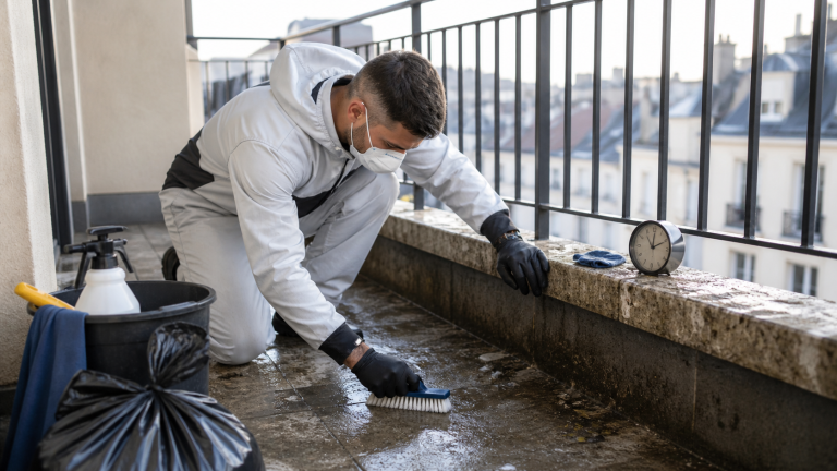 Technicien nettoyant des fientes de pigeon sur un balcon pour illustrer la durée d’une intervention de nettoyage
