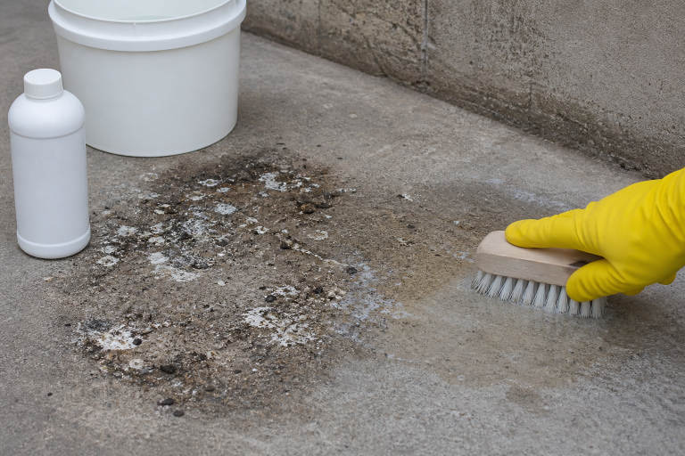 Nettoyage de fientes de pigeon sur du béton avec une brosse, des gants de protection et un produit nettoyant
