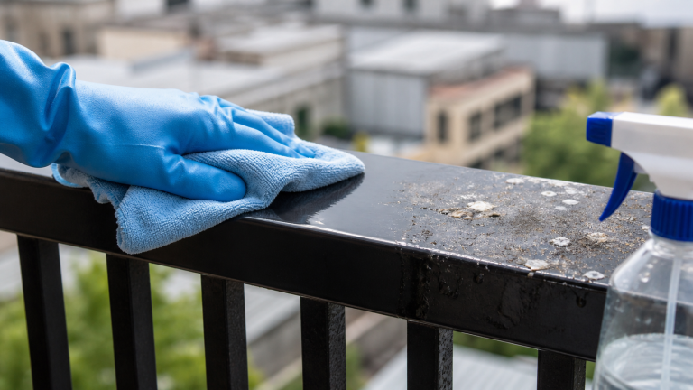 Nettoyage de fientes de pigeon sur une rambarde en métal avec un chiffon humide et un pulvérisateur