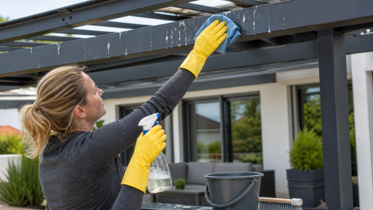 Personne nettoyant des fientes de pigeon sur une pergola en aluminium avec un chiffon microfibre et un spray nettoyant