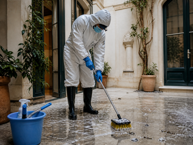 Technicien équipé nettoyant des fientes de pigeon dans une cour intérieure avec une brosse et du matériel de protection