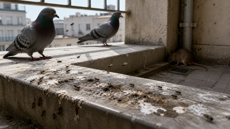 Fientes de pigeon sur un balcon attirant des mouches, des fourmis et un rat près de pigeons en milieu urbain