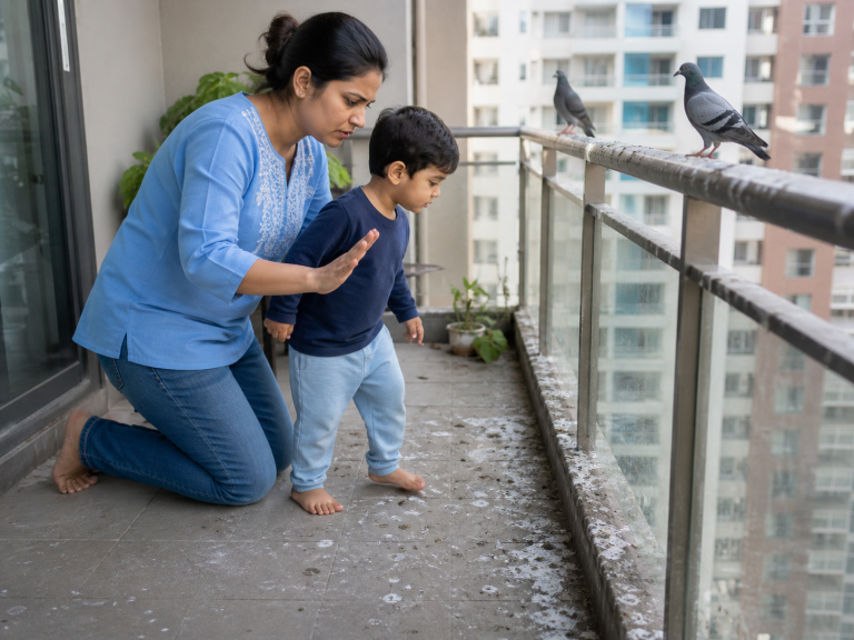 Parent empêchant un enfant de s’approcher de fientes de pigeon sur un balcon