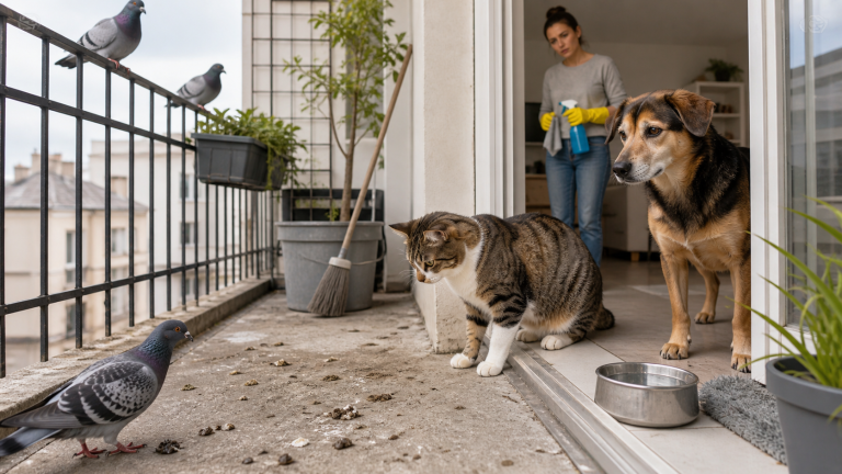 Chat et chien observant des fientes de pigeon sur un balcon pendant qu’une personne s’apprête à nettoyer la zone