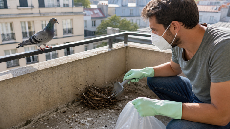 Homme portant un masque et des gants retirant avec précaution un nid de pigeon sur un balcon urbain