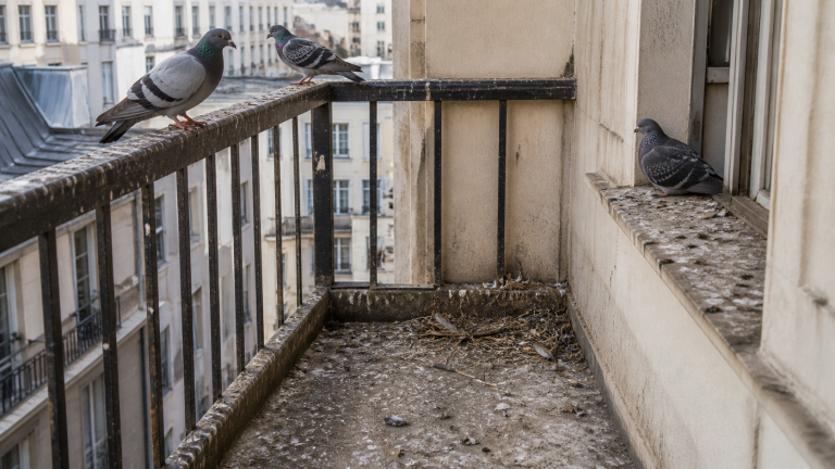 Fientes de pigeon sur un balcon urbain avec plusieurs pigeons, signe possible d’une infestation