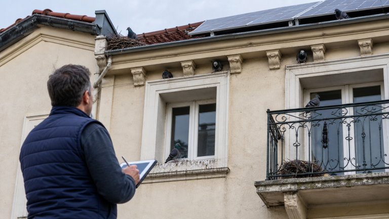 Inspecteur observant des pigeons, des nids et des traces de fientes sur la façade d’un bâtiment urbain