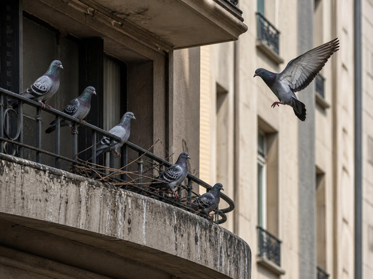 Pigeons revenant sur le même balcon urbain avec nid et rebord marqué par leur présence