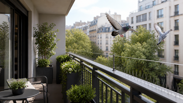 Balcon urbain protégé avec des pics anti-pigeons pour empêcher les pigeons de se poser sur la rambarde