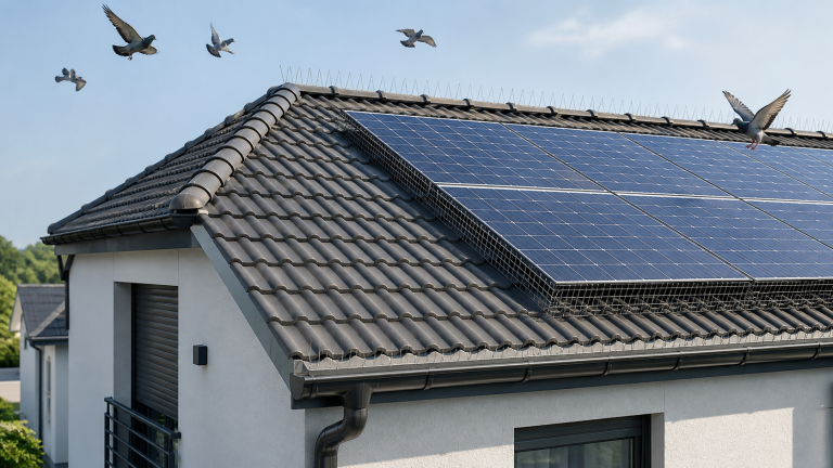 Toiture équipée de pics anti-pigeons et d’une protection autour des panneaux solaires pour empêcher les pigeons de se poser
