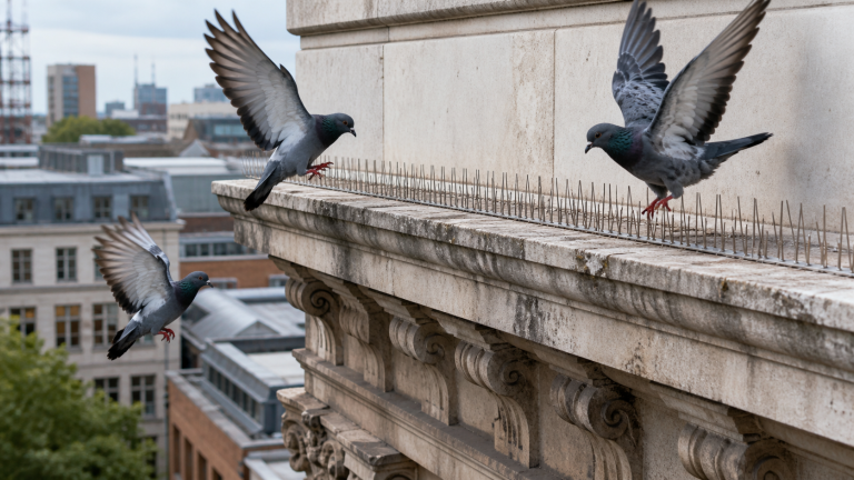 Pigeons empêchés de se poser sur une corniche équipée de pics anti-pigeons