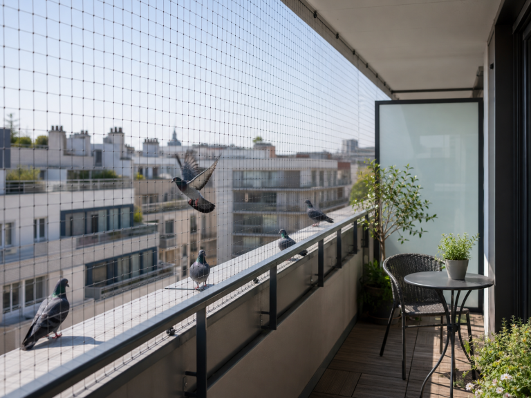 Filet anti-pigeons installé sur un balcon urbain pour empêcher les pigeons d’entrer