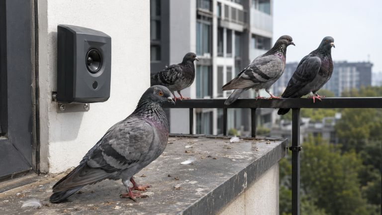 Pigeons posés sur un balcon malgré un appareil à ultrasons anti-pigeons installé sur le mur