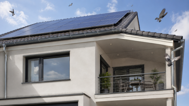 Maison moderne équipée de systèmes anti-pigeons avec pics sur les rebords, filet de protection sur balcon et grille autour des panneaux solaires