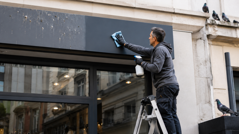 Nettoyage de fientes de pigeon sur une enseigne commerciale par un professionnel équipé de gants et d’un chiffon microfibre