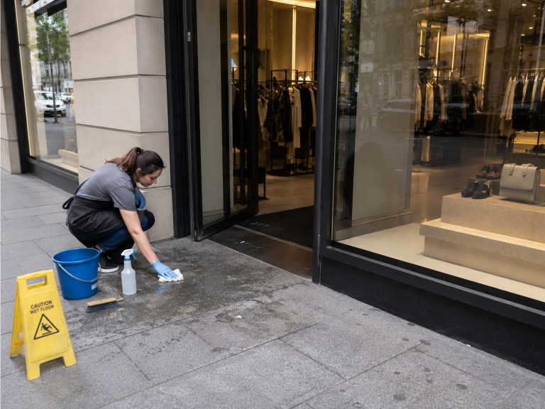 Nettoyage de fientes de pigeon devant l’entrée d’une boutique avec gants, seau et panneau sol mouillé