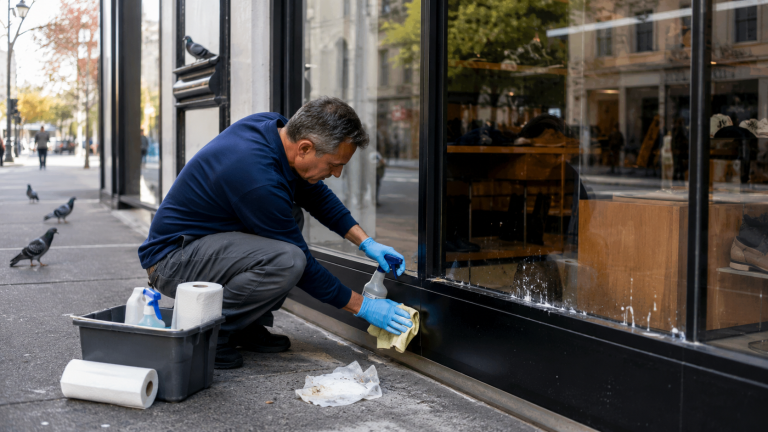 Nettoyage de fientes de pigeon sur une devanture de commerce avec gants et produits adaptés