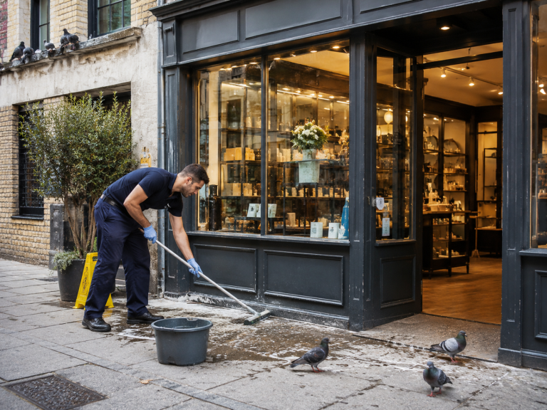 Agent de nettoyage retirant des fientes de pigeon devant l’entrée d’un commerce urbain pour préserver l’hygiène, l’image et la sécurité des clients.