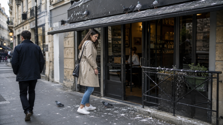 Cliente hésitant à entrer dans un commerce à cause de fientes de pigeon visibles sur l’entrée, la façade et le trottoir.