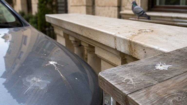 Fientes de pigeon sur une voiture, une surface en pierre et du bois montrant des taches et traces possibles