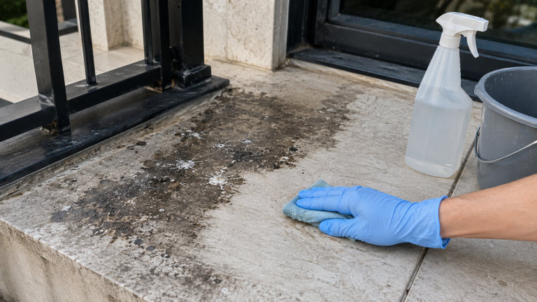 Nettoyage des taches noires causées par des fientes de pigeon sur un rebord de balcon en pierre avec un gant et un chiffon