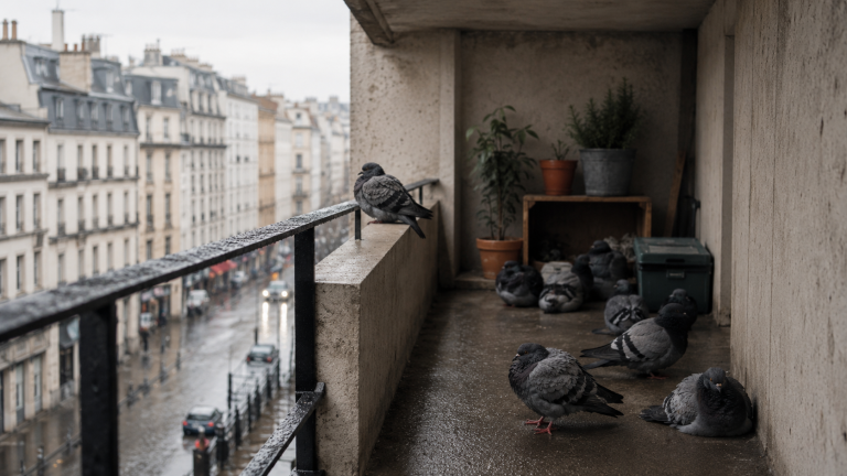Pigeons installés sur un balcon abrité en ville, protégés de la pluie et du vent.
