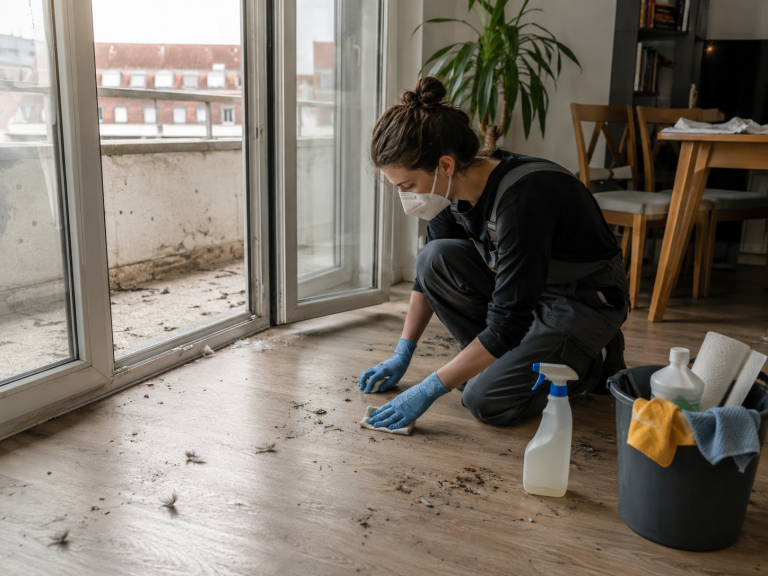 Nettoyage d’un appartement après intrusion de pigeons avec gants, masque et produits désinfectants