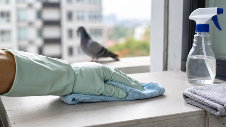 Nettoyage d’une fiente de pigeon sur un rebord de balcon avec un chiffon microfibre pour éviter les auréoles