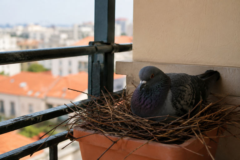Nid de pigeon installé dans un coin de balcon avec des fientes visibles et une personne observant la situation avant d’agir