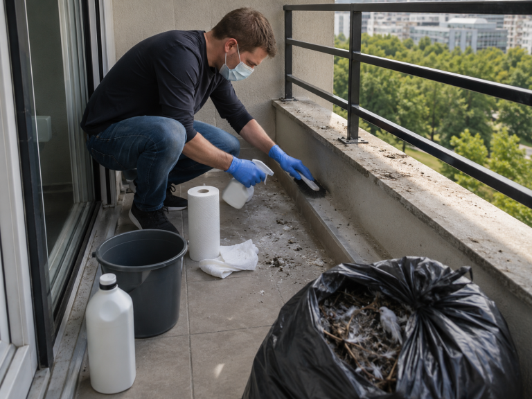 Nettoyage d’un balcon après l’enlèvement d’un nid de pigeon avec gants, masque et produits désinfectants