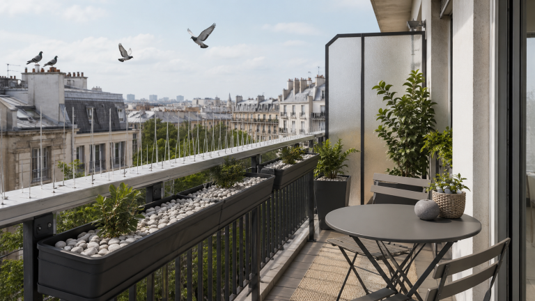 Balcon urbain propre équipé de pics anti-pigeons, jardinières protégées et mobilier rangé pour réduire l’attractivité des pigeons.