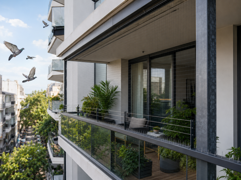 Balcon d’immeuble protégé contre les pigeons avec filet discret et pics anti-pigeons