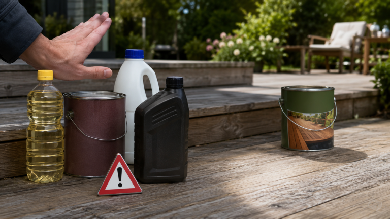 Produits à éviter sur une terrasse en bois extérieur avec huiles, vernis et nettoyants inadaptés
