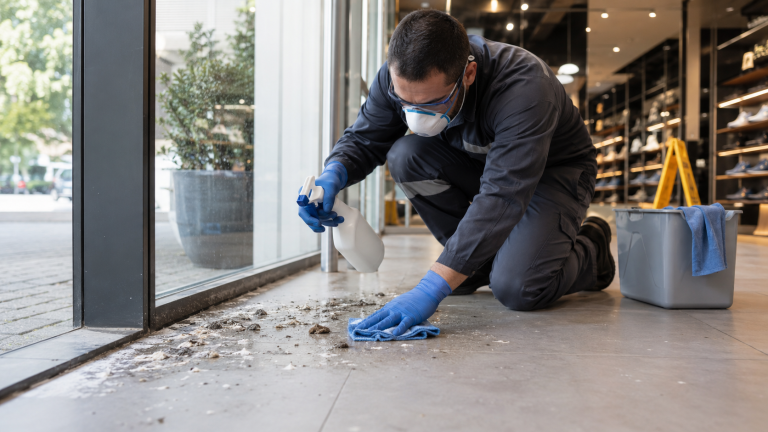 Agent d’entretien équipé nettoyant des fientes de pigeon dans un local commercial