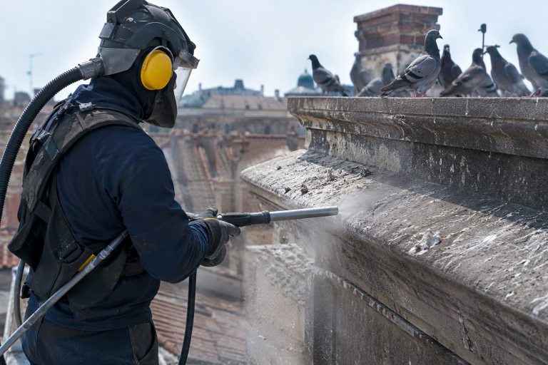 Technicien équipé réalisant un nettoyage cryogénique de fientes de pigeon sur une corniche de toiture en ville