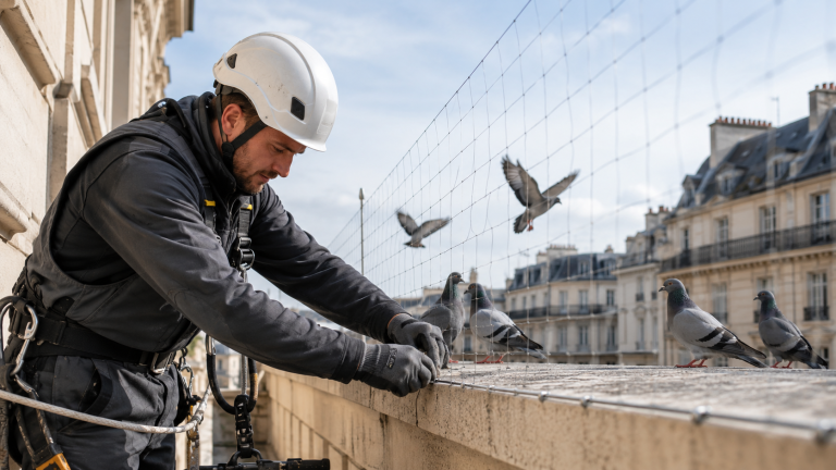 Technicien installant un filet anti-pigeons respectueux des animaux sur un bâtiment urbain avec des pigeons non blessés à proximité