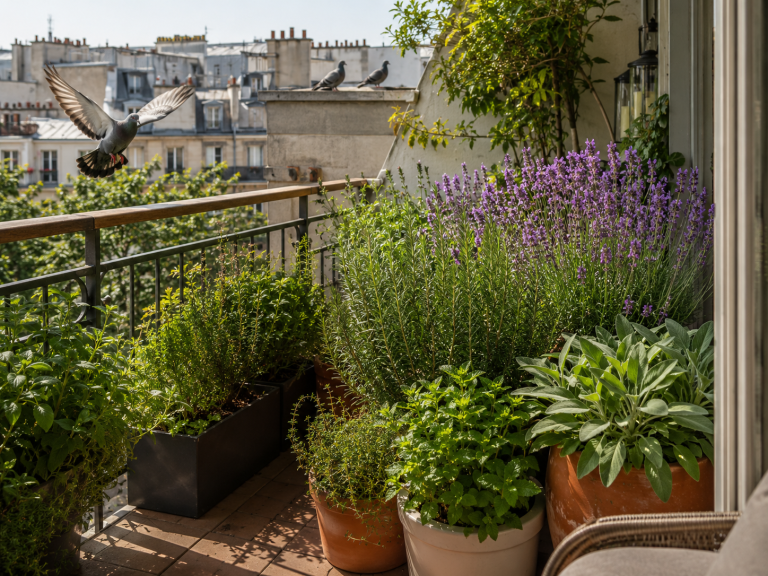 Balcon urbain avec lavande, romarin, menthe et sauge en pots pour aider à éloigner les pigeons naturellement